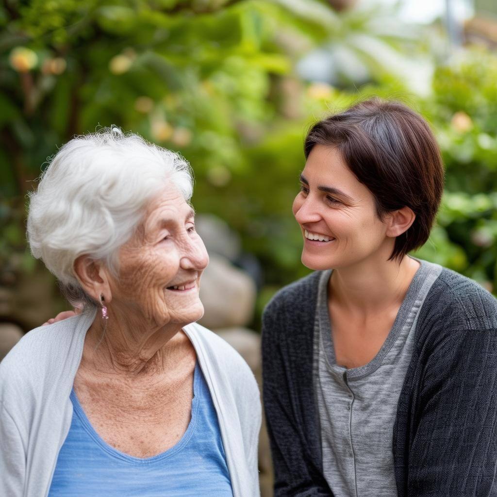 young social worker next to elderly women, outside in the garden